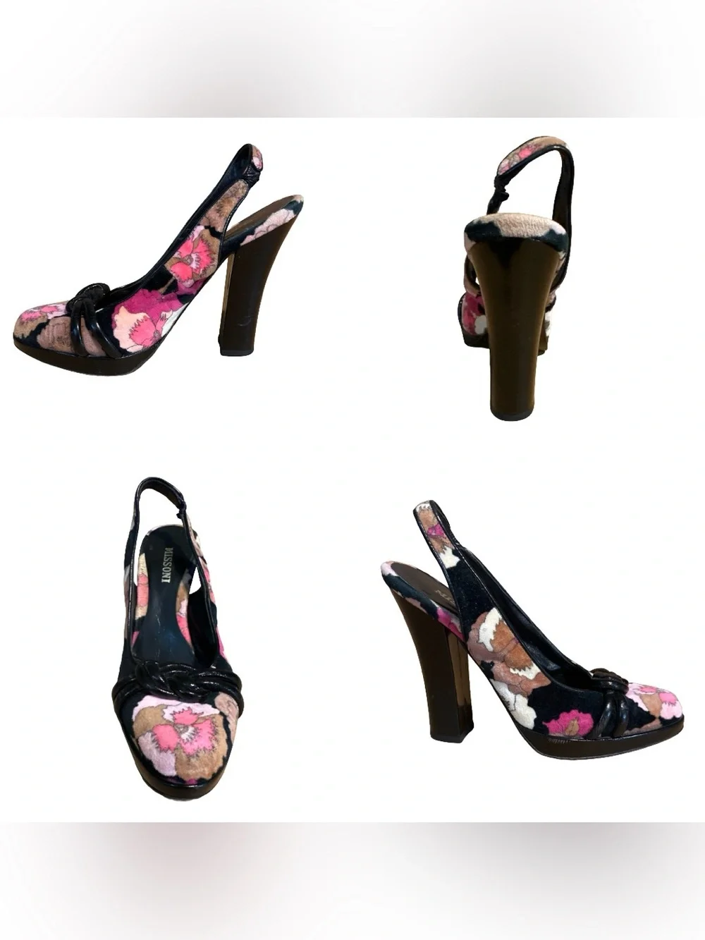 MISSONI BLACK & PINK VELVET FLORAL PRINT SLINGBACK HEELS (36.5)